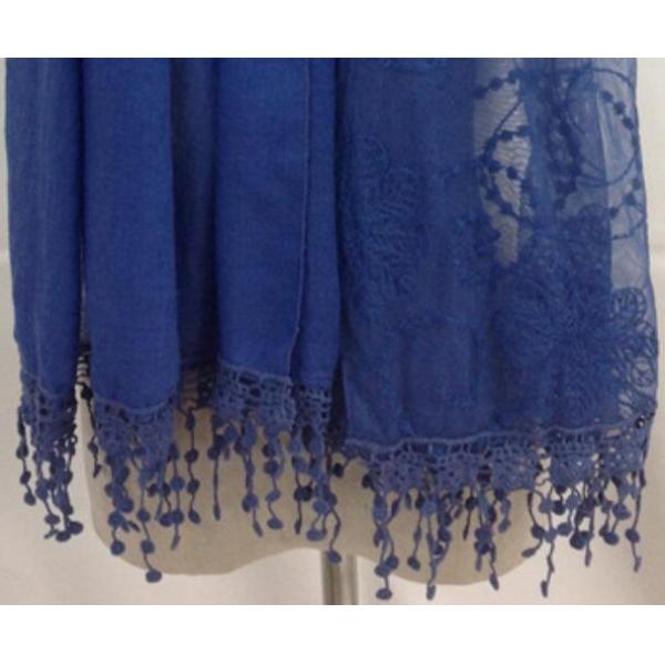 Chinese factory blue embroider tassel lace thin scarf 20%Cotton 80%Polyester 70*180cm spring summer autumn keep fashion