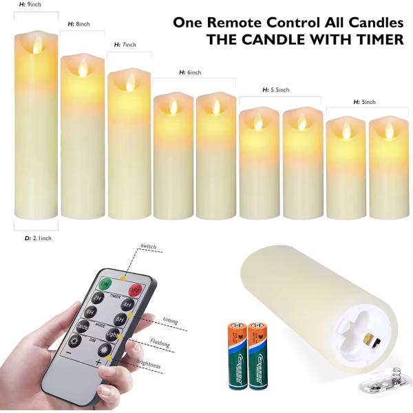 LED Candle Set Of 9 Remote Control With Battery Operated Real Wax Pillar Flameless Candle