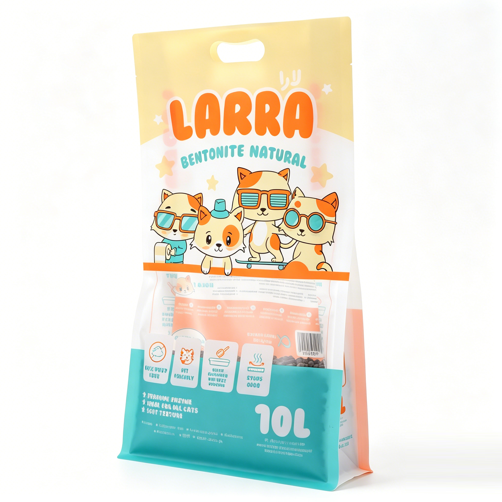 Colorful Cartoon Eight Side Seal Cat Litter Bag With Handle & Window | Custom Printed 10L Bentonite Cat Litter Flat Bottom Zipper Packaging Pouch