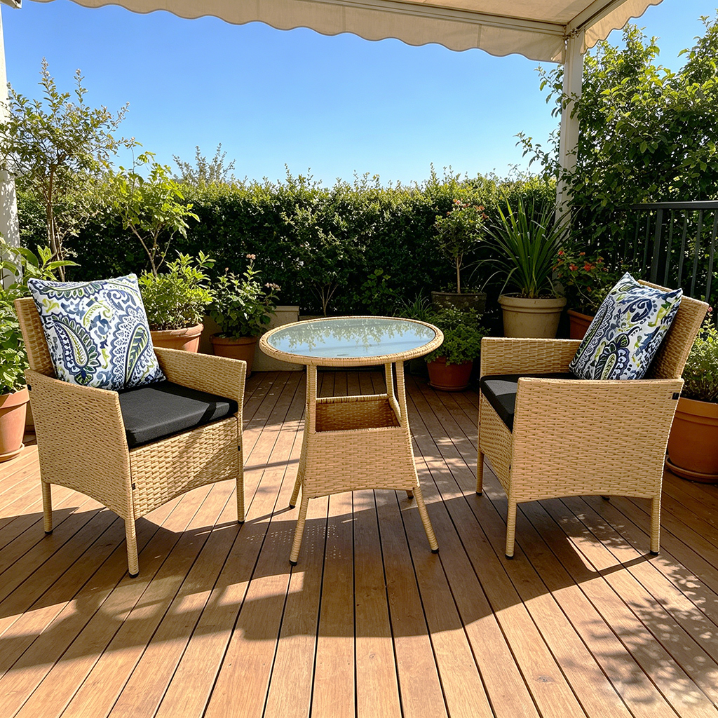 Wholesale 3 Piece Set with Cushions Poly Rattan Fresco Dining or Lounging in the Garden Small Size Table and Chairs