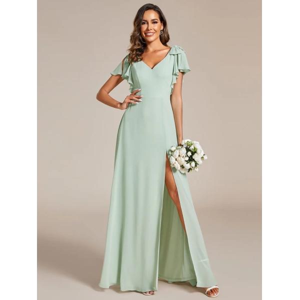 Empire Plus Size V-neck High Split A-line Short Sleeve Zipper Mint Green Chiffon Bridesmaid Dress