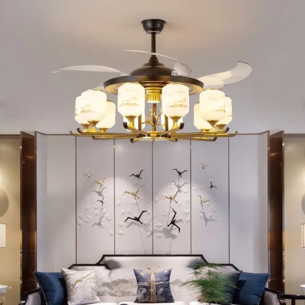 Luxury Ceiling Fan Light Remote LED Electric Fan Light with glass lampshade metal Stealth Fan Light (WH-VLL-28)