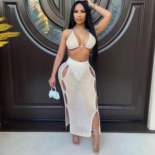 Women's Two Piece Casual Set Hanging Neck Small Vest Knitted Hollow Slim Skirt Suit