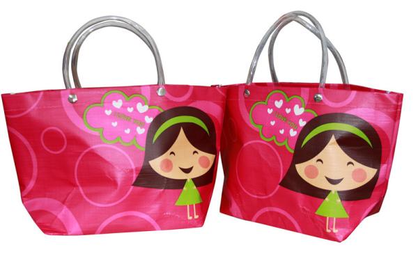 Reusable Orange PP Woven Shopping Bags With Transparent PVC Handle, Danceing Girls Pattern