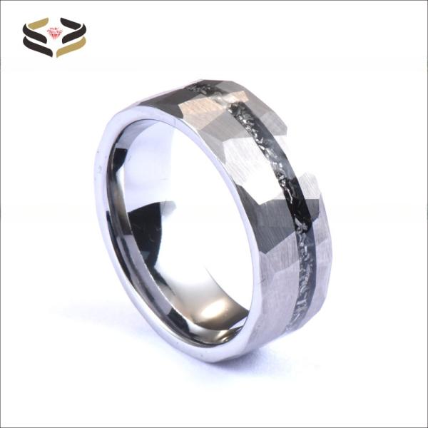 8mm Tungsten Silver Hammered Meteorite Inlay Ring for Men's Shaving Wedding