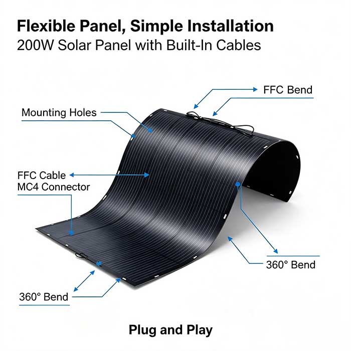 200W Ultra‑Thin Flexible Solar Panel, MC4 Bend‑able Solar Module for RV Roof, Yacht, Camping Solar System