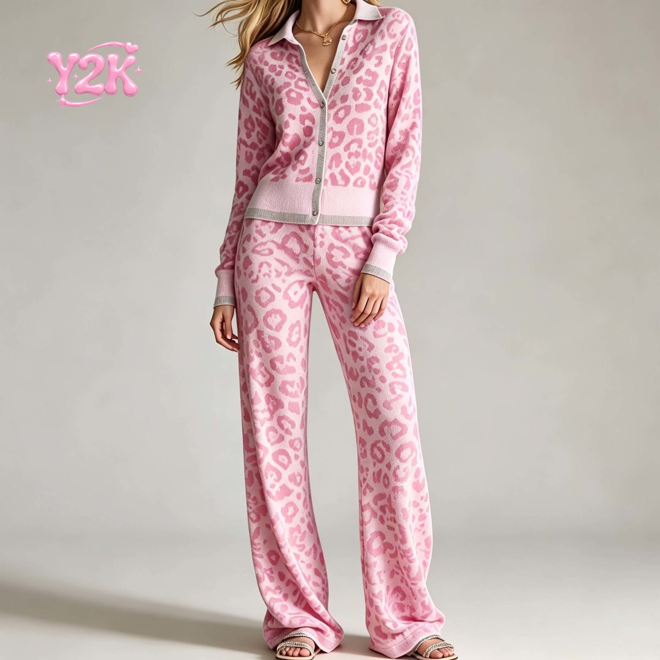 Custom Women's Leopard Print Cardigan Wide Leg Pants Set