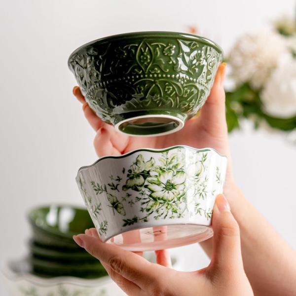 Influência europeia e britânica Servidores de jantar de porcelana verde para refeições sustentáveis