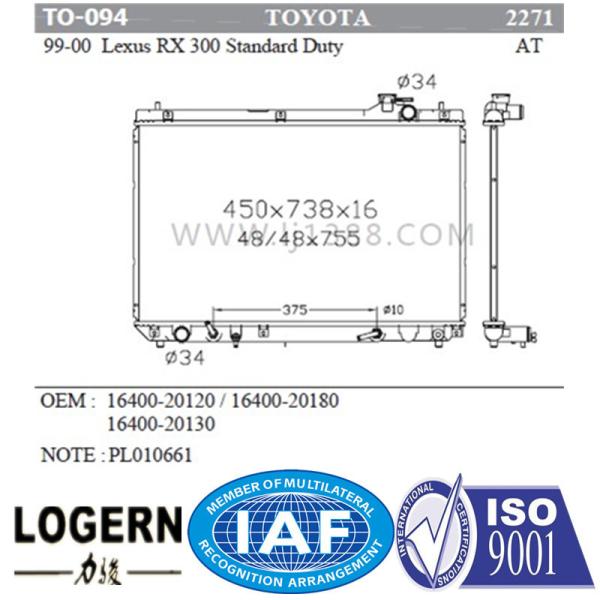 Cross Flow TOYOTA Car Radiator Used In 99-00 Lexus Rx 300/At/Dpi 2271