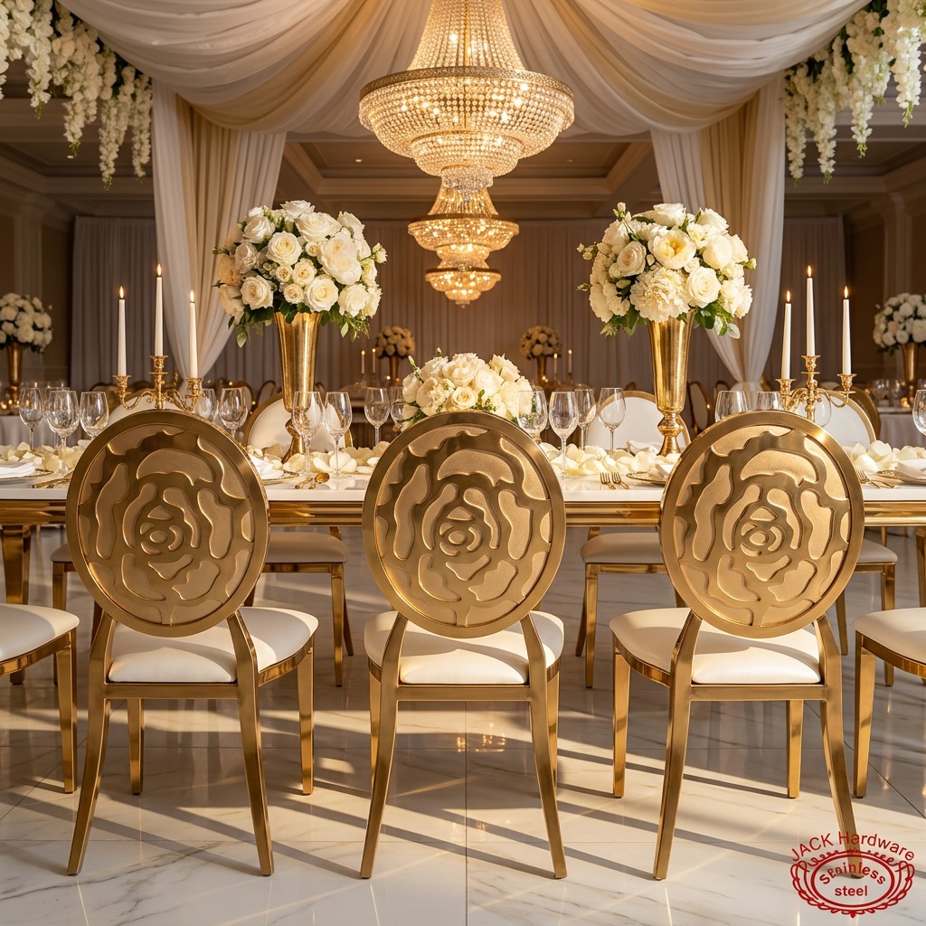 WENDING Gold Round Rose-Embossed Backrest Banquet Chair – Carved Floral Wedding Chair
