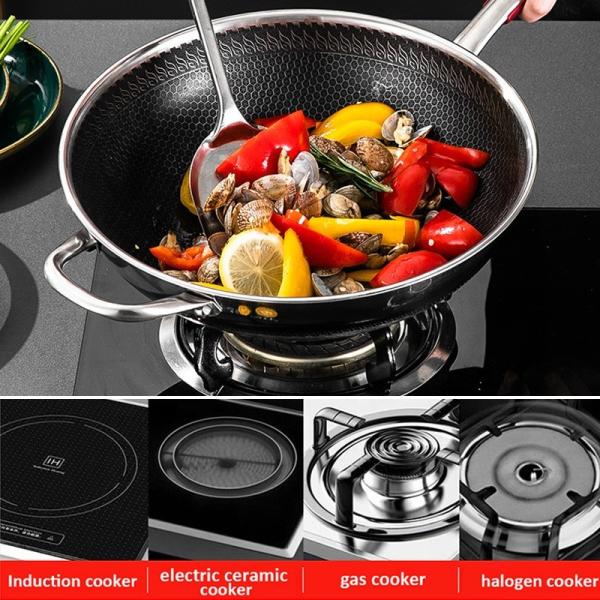 Hot Selling Kitchen 32cm Induction Wok Pan SUS 304 Stainless Steel Honeycomb Non-stick Frying Pan