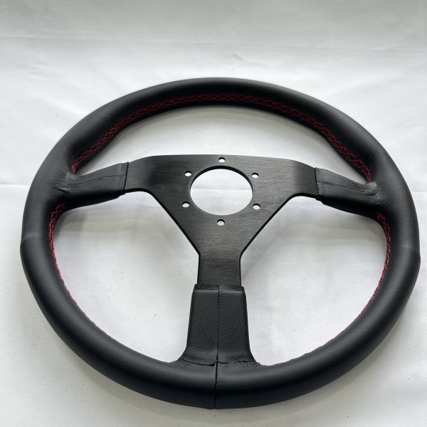 DELUXON 350mm Dia Racing Steering Wheel With 36mm Dish , Black Microfiber Leather , 5 MM 6061 Aluminum Alloy Black Spoke,Red