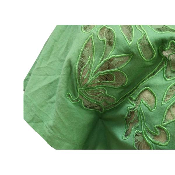 Ladies Short Sleeve T Shirts , Womens Green Shirt Blouse Hollow Embroidery Lace Inside