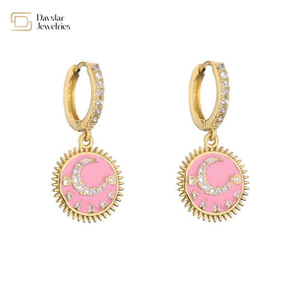 Moon And Star 24k Gold Plated Jewelry Round Dangle Drop Earrings