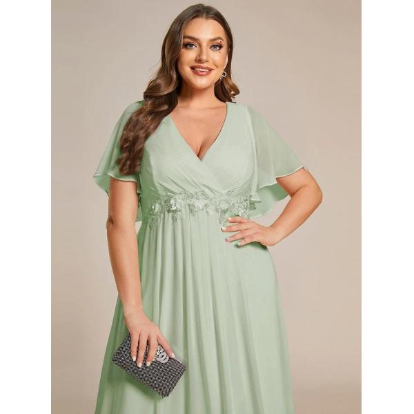 Charming Empire Applique A-line Short Flutter Sleeves V-neck Invisible Zipper Mint Green Chiffon Evening Dress