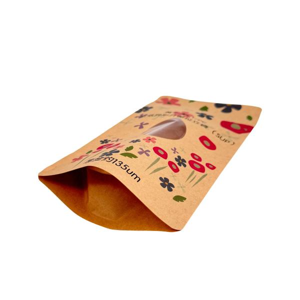Resealable Biodegradable Custom Compostable Pouches Kraft Paper Stand Up Zipper Bag With Clear Window