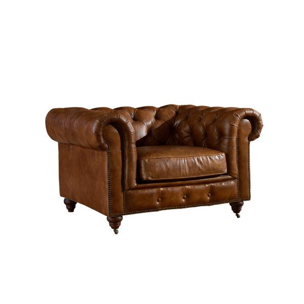 Full Top Grain Leather Chesterfield High Back Wing Chair , Brown Leather High Back Chair