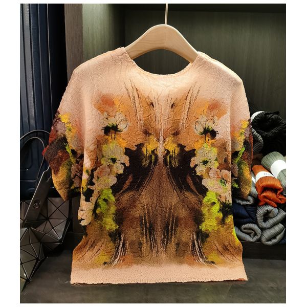 Niche Design Sense Heavy Industry Summer Women's New Neck Bat Sleeve T-shirt Ink Printed Jersey Short Casual Bat Wing Sleeves