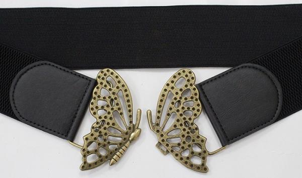 Butterfly Old Brass Buckle PU Ladies Wide Black Elastic Belts 6cm Width