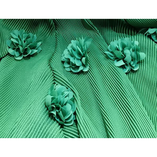 High-end 3d Flower Round Neck Long Sleeve Pleated Plus Size Women's Dresses