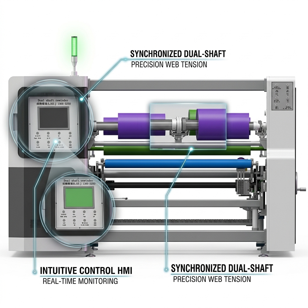 Double Shaft Exchange Automatic Rewinding Machine 380V Kraft Paper Rewinding Machine With 1300mm Width