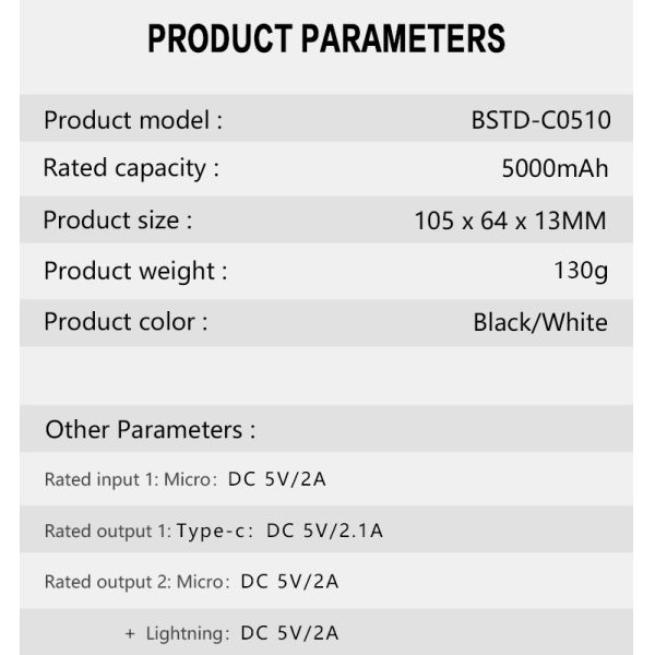 Portable Power Bank With Lighting/Type-C Cables 5000mah Utral-thin And Small Size Power Supply