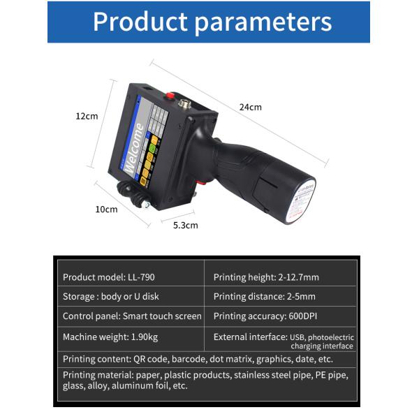 High Speed Handheld Inkjet Printer with Fast Dry Ink Print Speed 50M/MIN 240*120*97mm