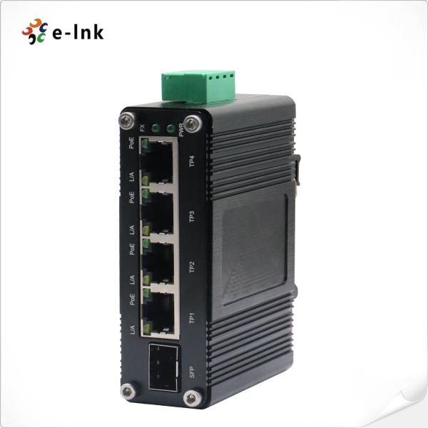 ミニ 4 ポート PoE + 1 ポート SFP インダストリアルイーサネットスイッチ、12～48VDC 電圧ブースター