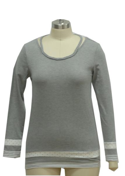 Ladies Long Sleeve Shirt Round-neckline  Melange Fabric Normal Size Blend Fabric Yarn Dye Stripe Insert Braid Neck Line