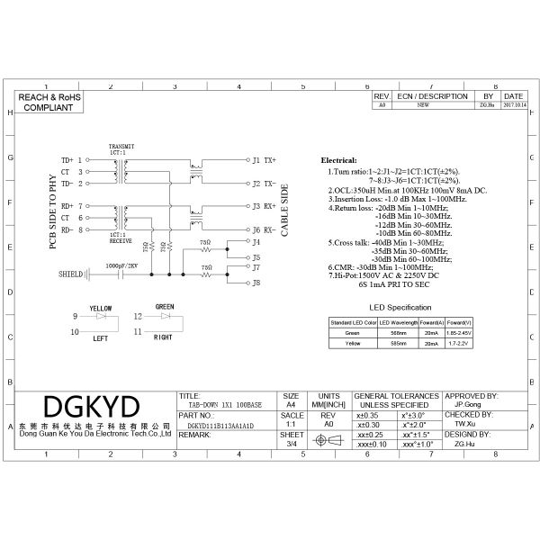 RJ45 network interface integrated 100Mbps filter network port socket horizontal DGKYD111B113AA1D