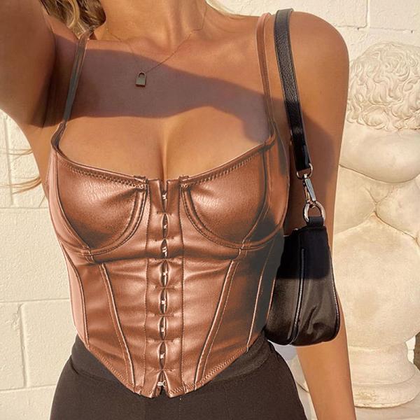 PU Low Cut Short Cropped Cami Tank Top Front Buckle Design