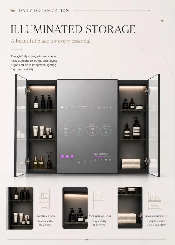 Kingstin Smart Backlit Stainless Steel LED TV Mirror Cabinet for Luxury Bathroom, 100% Custom Size Layout,