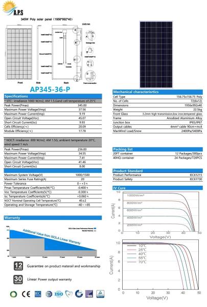 Solar Panel Photovoltaic Module Polycrystalline 72 Cell 36V  Poly 345W 350W,355W,360W,365W,375W,380W  Solar Power
