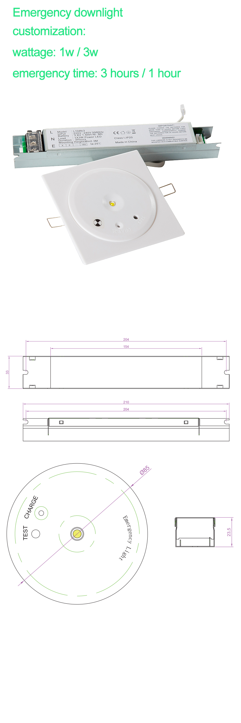Commercial 3W LED Emergency Downlight IP20 Non Maintained Ni-Mh Battery