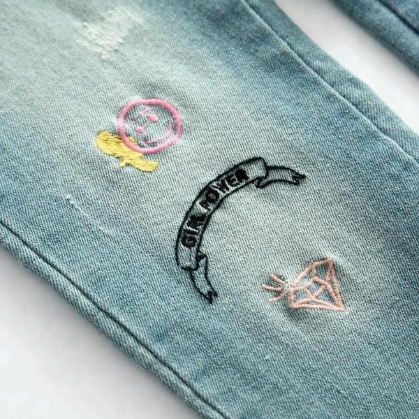 Stretch Girls Denim Clothes Jean Trousers With Custom Color Printed Embroidered Patch