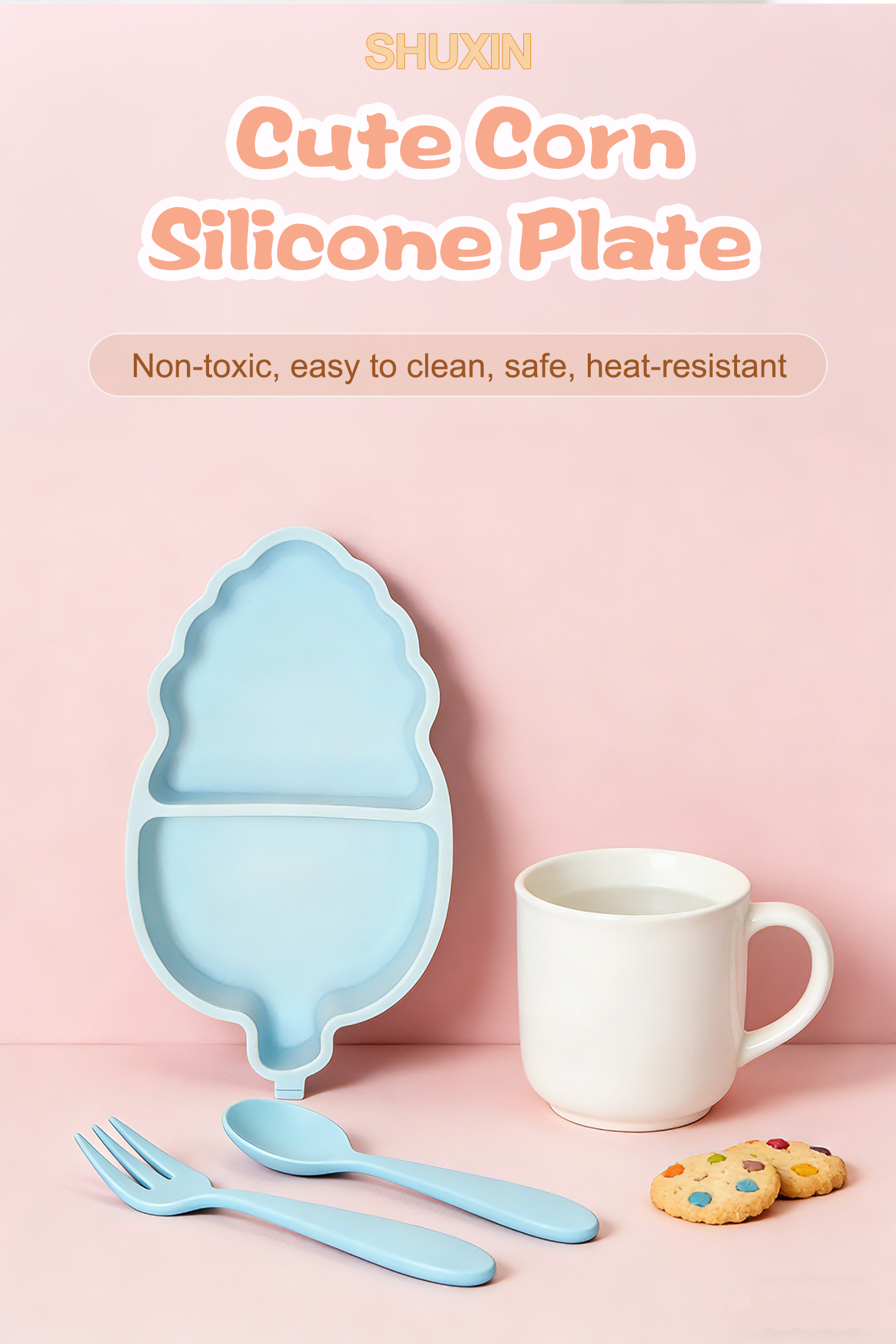 Feeding Tableware Set featuring Durable Non Toxic Adorable Corn Design Silicone Divided Dish Irregular Toddler Tableware