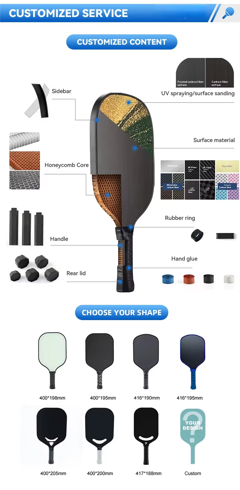 Professional Carbon Fiber Pickleball Paddle with 16mm Honeycomb Core and Lightweight Design