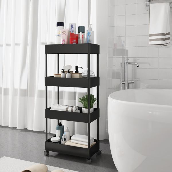ABS Plastic Factory Direct Four-story Floor-mounted Movable Holders Corner Organizer Bathroom Storage Racks Stroller with Wheels