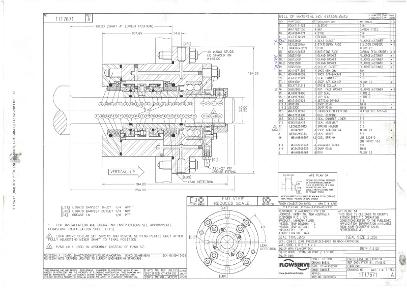 Flowserve BM-415505 SCC Mechanical Seal DWG No 1T17671 for Flavourtech Pumps