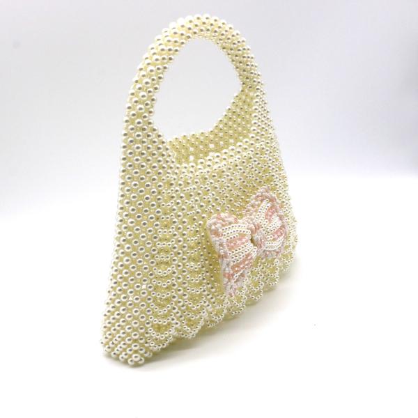 Handmade White Pearl Beaded Bag Bow Flower for Women 22×18×23cm