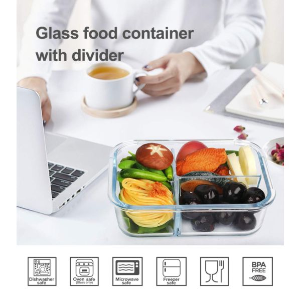Leak-Proof Bento-Style Borosilicate Glass Food Container with Airtight Lid and Divided 3-Compartment Design for Supermarkets & Department Stores