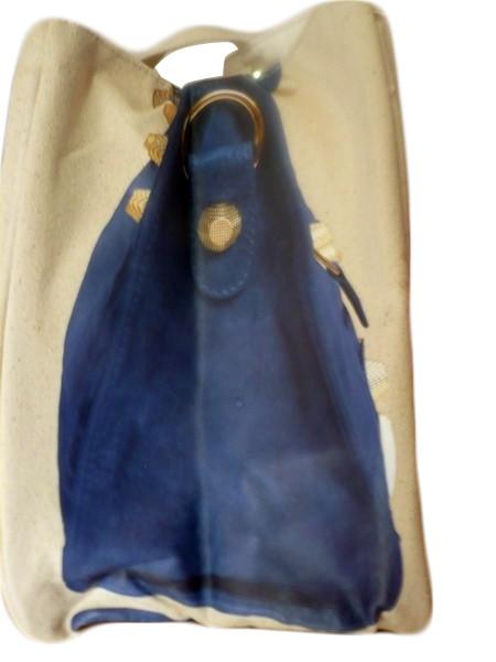 Dark Blue Jean Fabric Shopping Bag, Printed Canvas Shopper Bags With Metal Link Closure