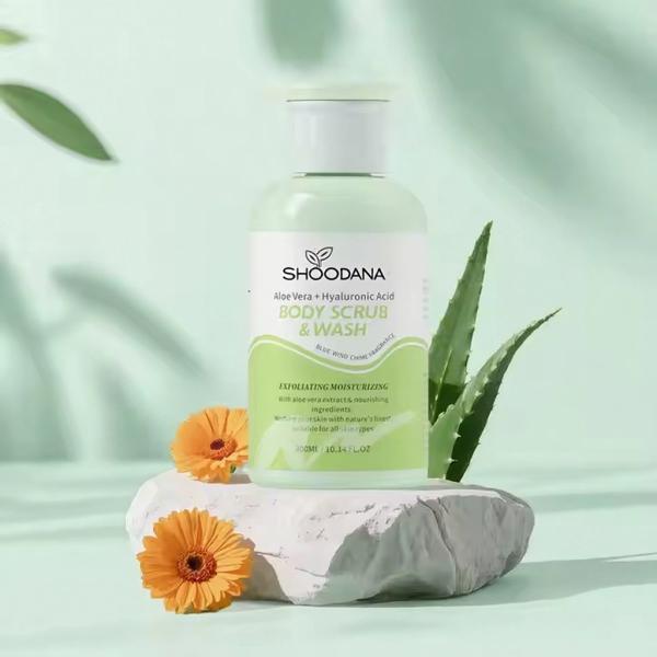Private Label 2-in-1 Exfoliating Body Scrub & Wash Aloe Vera HA Blue Wind Chime Fragrance for Deep Hydration Smooth Bright Skin