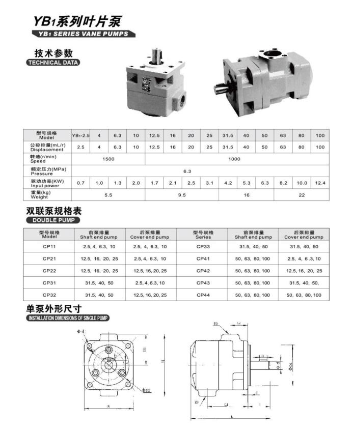 Hydraulic pumps Double vane pumpYB1-10/4 YB1-10/2.5 YB1-6/6 YB1-6/4 YB1-6/2.5 YB1-4/4 YB1-4/2.5 YB1-2.5/2.5 YB1-25/25 YB1-25/20 YB1-25/16 factory