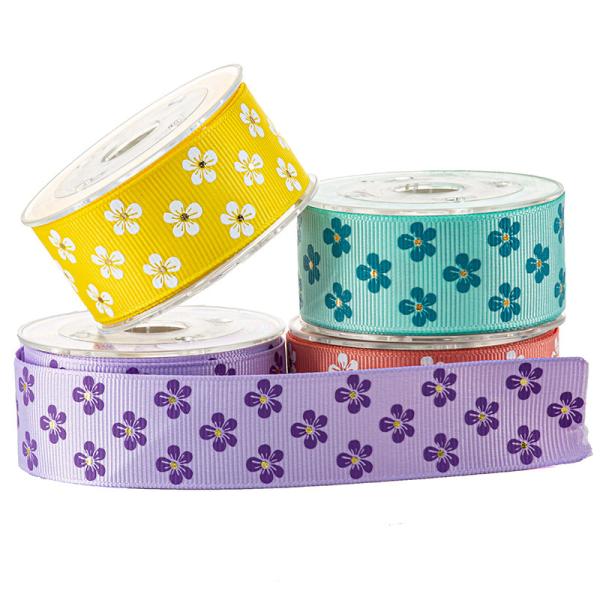 White & Gold Flower Custom Printed Grosgrain Ribbon For Cosmetic Packaging