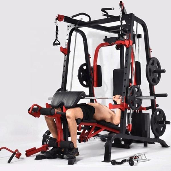 Indoor Black Red Power Gym Equipment with Adjustable Squat Rack and Lat Pull Down