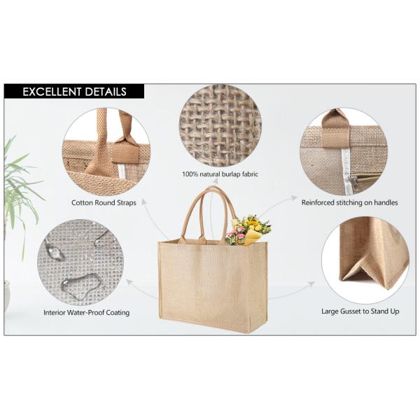 Burlap Tote Bags Bulk Laminated Interior Jute Tote Bag Full Gusset With Inner Zipper Pocket, DIY Art Crafts