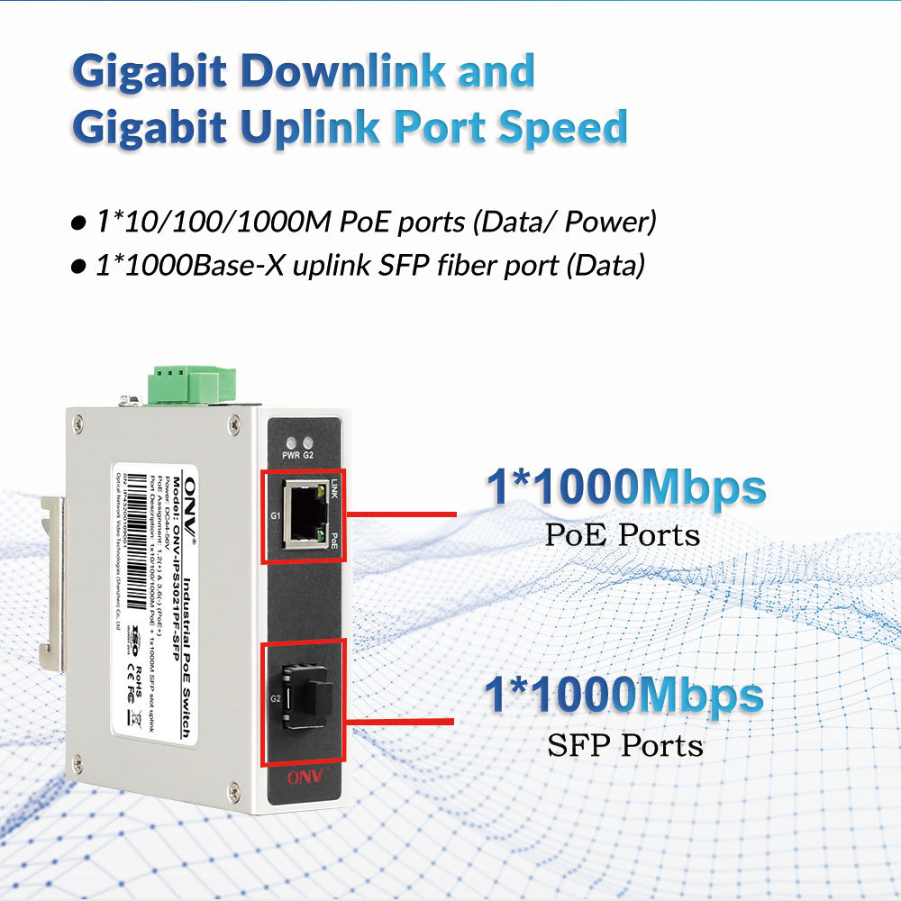 2-Port Gigabit Industrial PoE Switch with 30W PoE Power, SFP Fiber Port, and DIN Rail Mounting