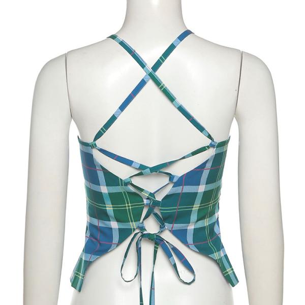 Lattice Vest Ladies Camisole Tank Tops , Open Back Strappy Blue Plaid Tank Top