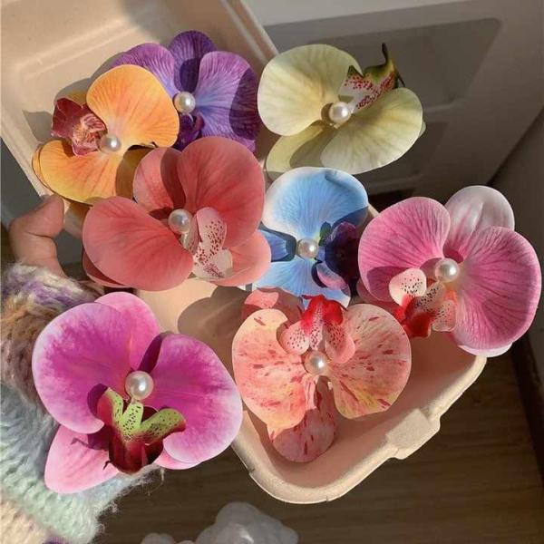 Venta caliente de horquillas artificiales de flores de orquídeas de pelo de flores clip de pelo de playa de vacaciones accesorios de pelo